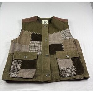 Mens Leather Vest Size Large Brown Plaid Patchwork Sleeveless Pockets